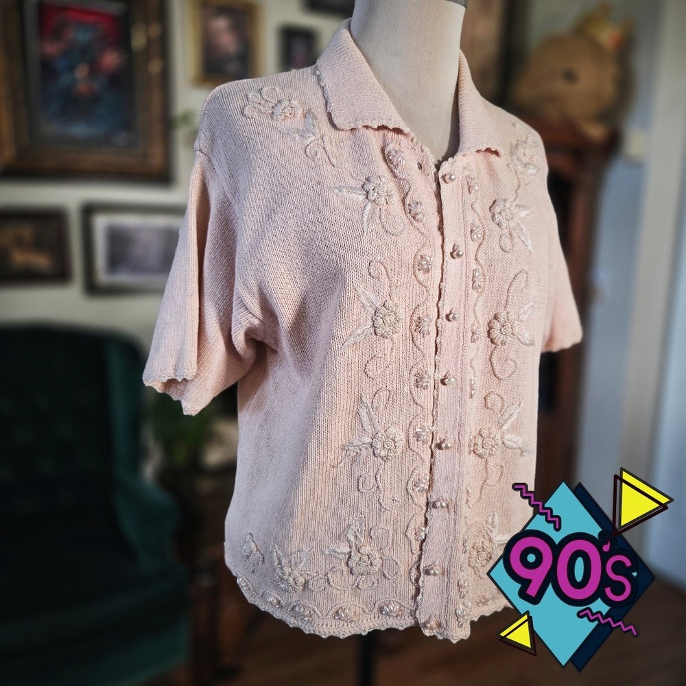 Carolyn Taylor Blouse Vintage 90s Embroidered Knit Cardigan Top Pink Floral L